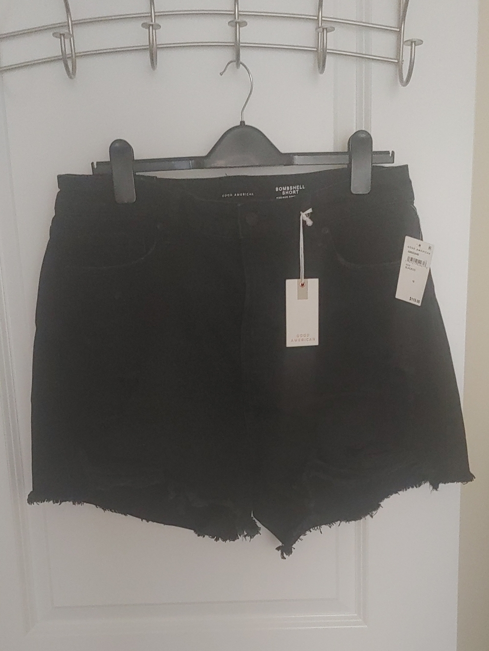 Good American Black High-Rise Raw Hem Jean Shorts